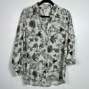 Joie Black And Cream Linen Tropical Jungle Print Button Down Shirt Size L